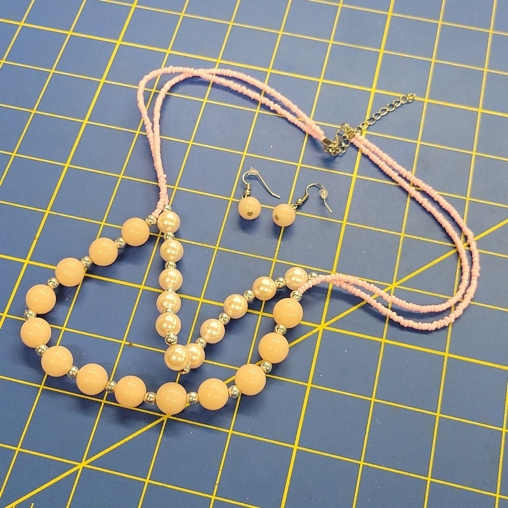 Pink Beaded 22" Necklace & Earrings